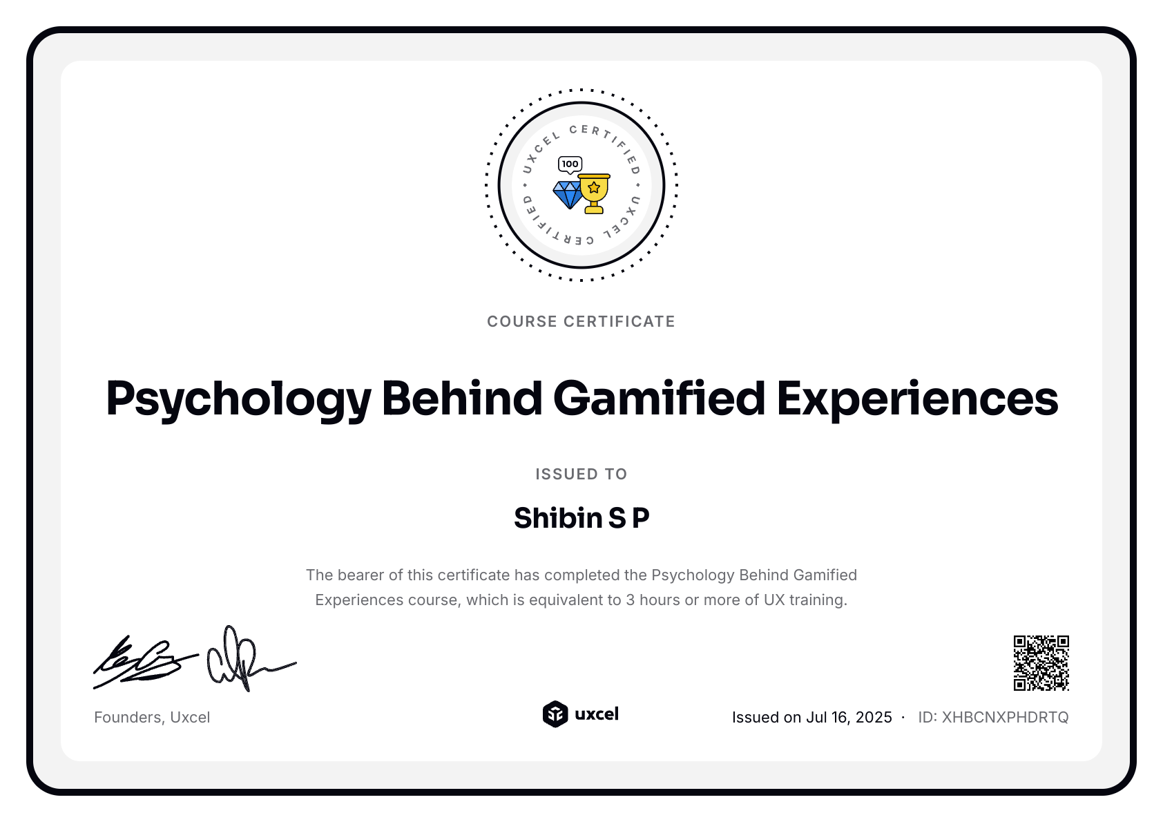 Shibin S P's certificate